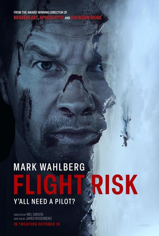 Movie poster of 'Flight Risk' featuring Mark Wahlberg's face and a plane falling out of the sky